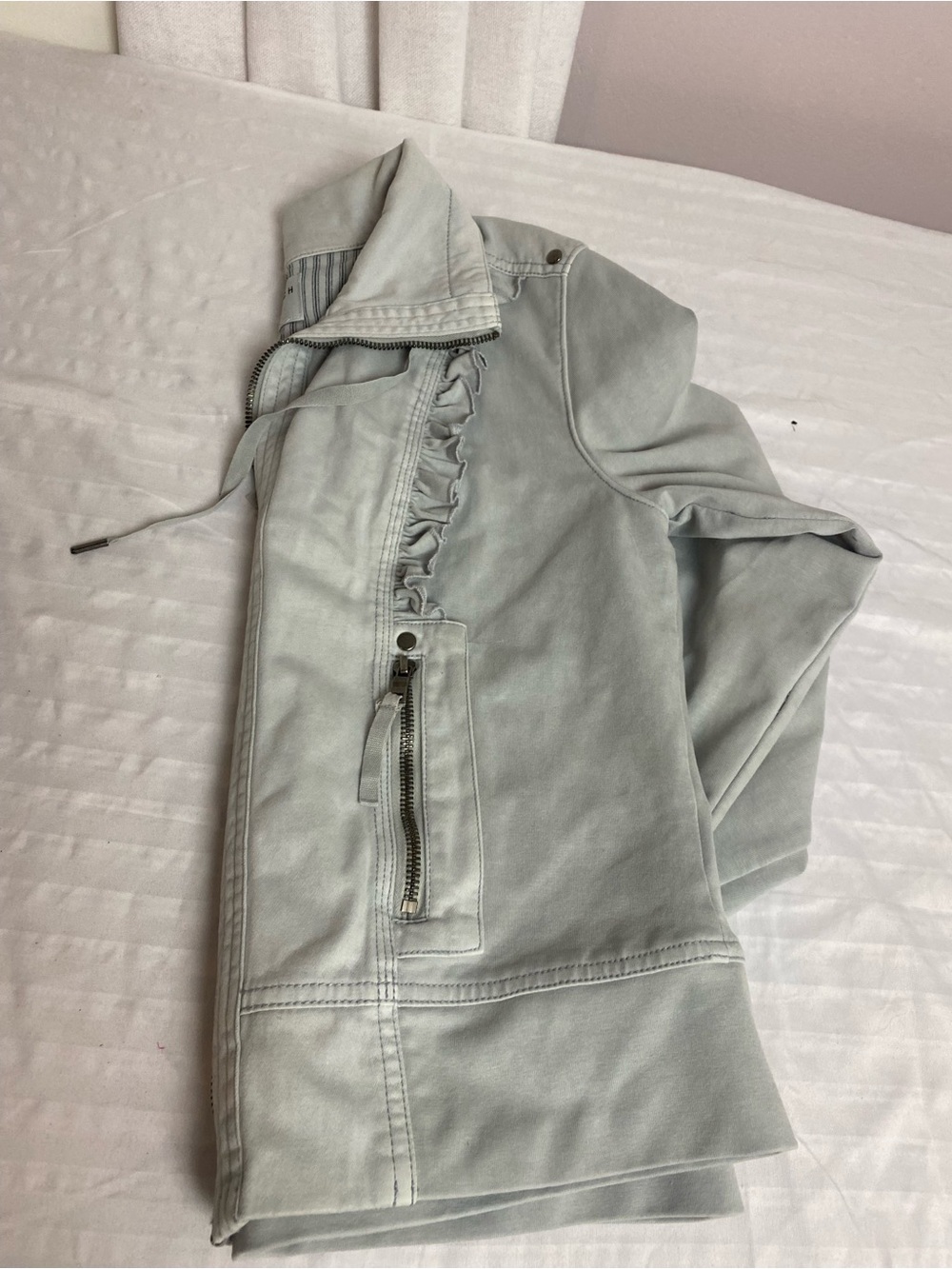 Anthropologie Light Gray Ruffle-Trim Zip Jacket - Picture 5 of 6